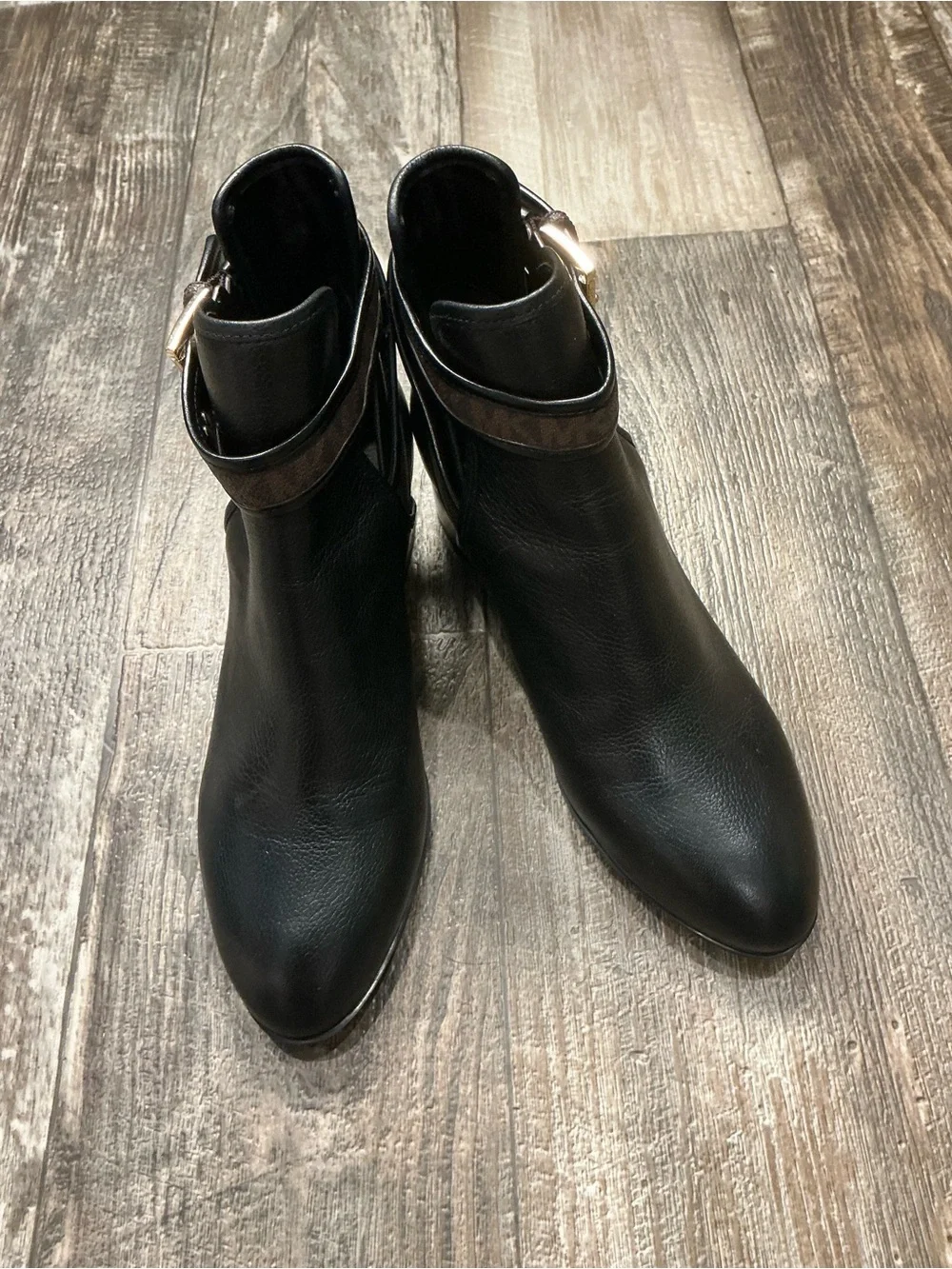 Michael Kors Black Leather Ankle Booties with Logo Strap and Gold Buckle Size 6